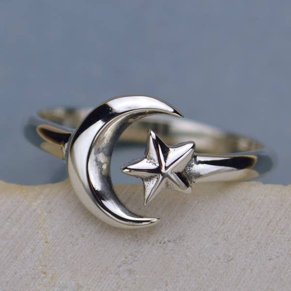 Sterling Silver Adjustable Ring - Moon And Star