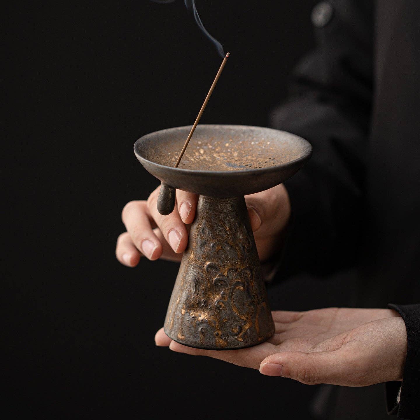 Gilded Iron Glaze - Wave Pattern Incense Burner/Candlestick: Bronze