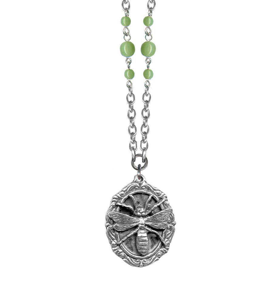 Necklace - Rockware With Beaded Chain - Wasp Plaque Pendant: Green Opal Glass Beads