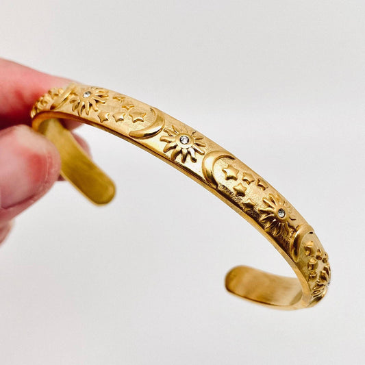 18K Gold Plated Stainless Steel Star Moon Sun Cuff - FGS/MS
