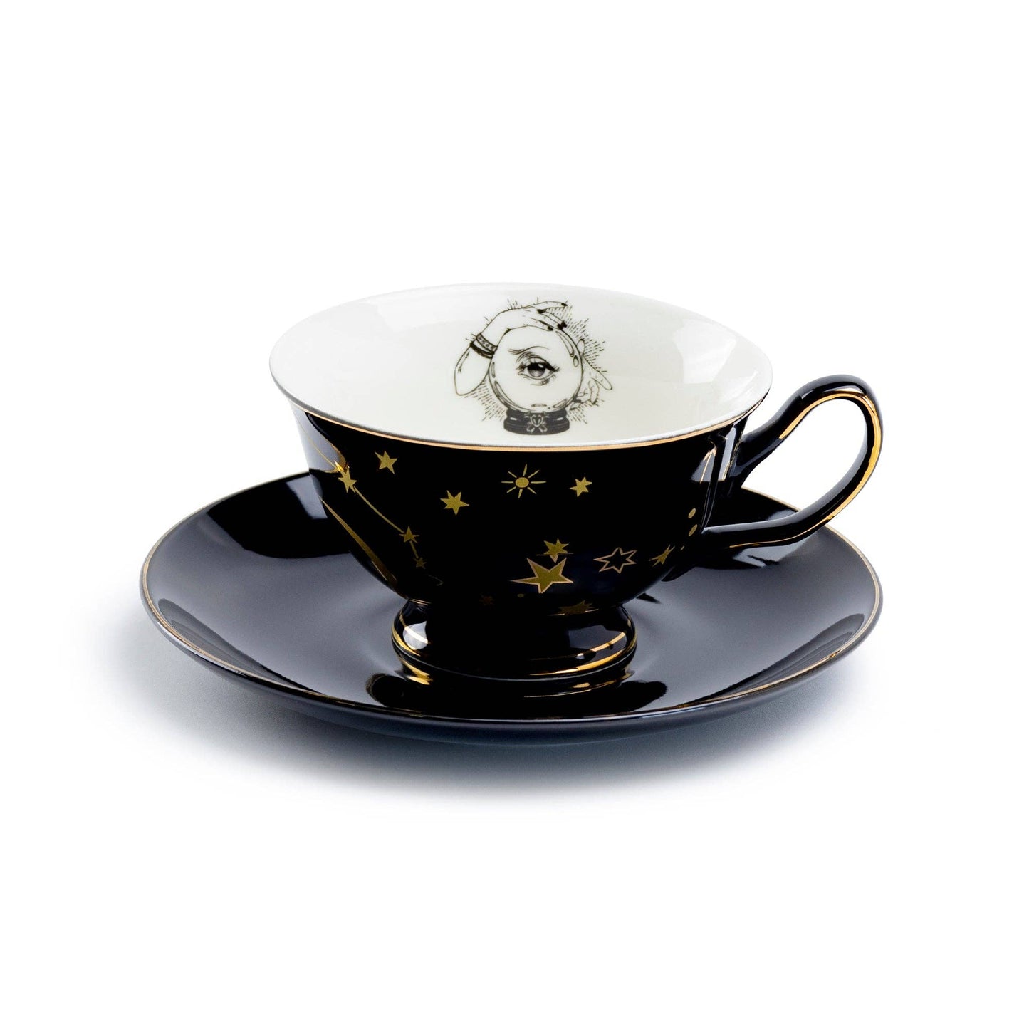 Witchy Crystal Ball Astrology Black Gold Tea Cup And Saucer