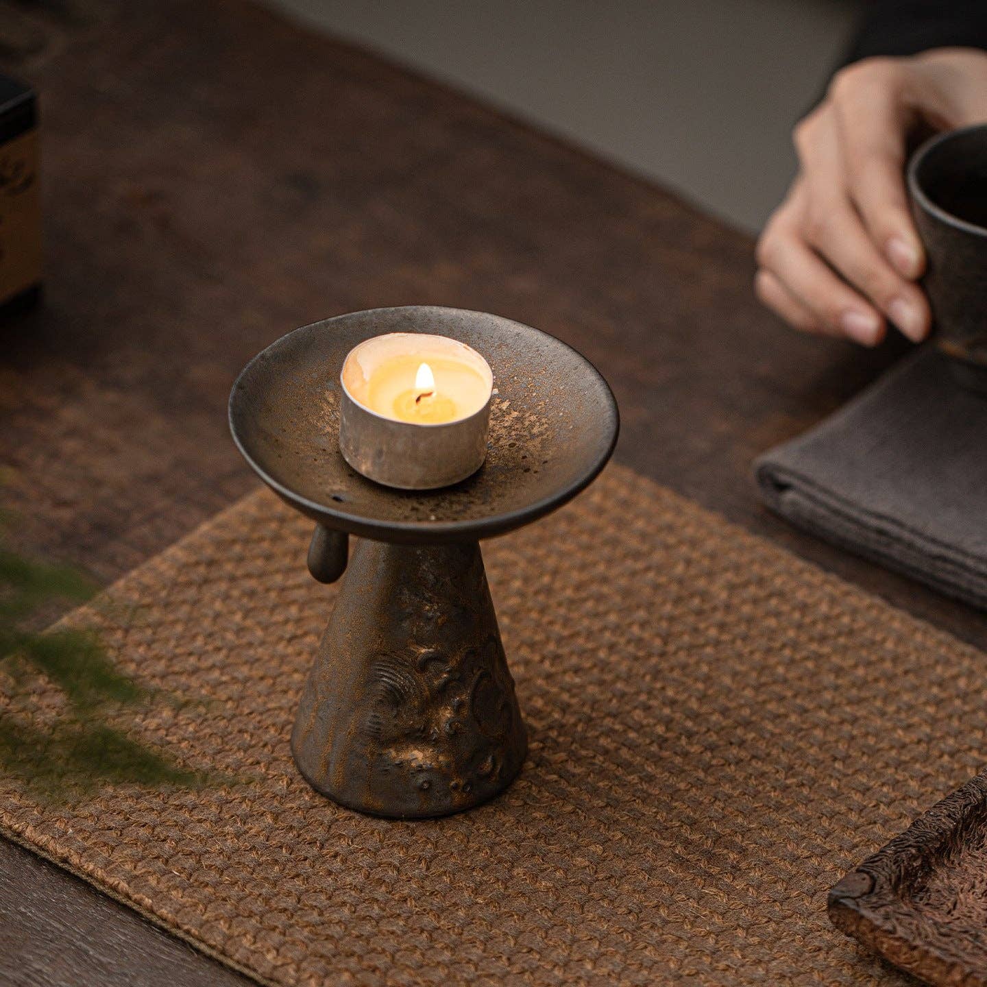 Gilded Iron Glaze - Wave Pattern Incense Burner/Candlestick: Bronze