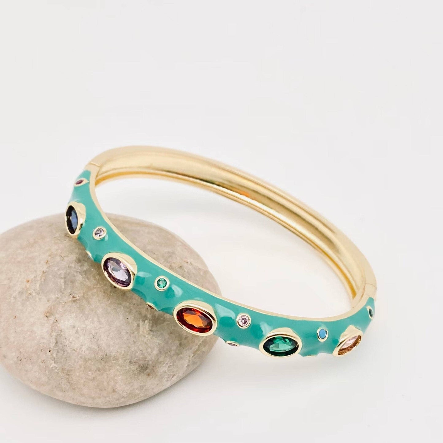 Inlaid Cubic Zirconia Gold Plated 8MM Enamel Bangle: Rose Red