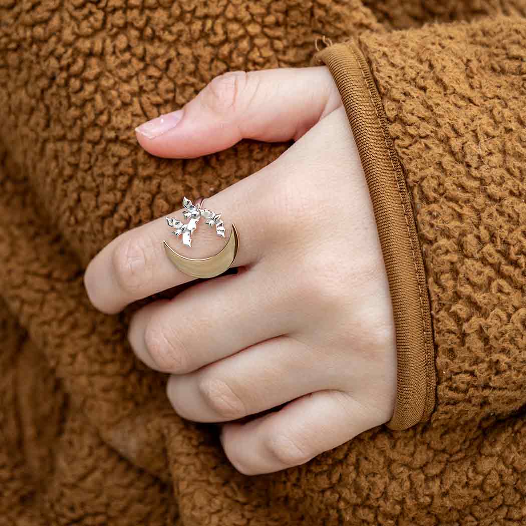 Mixed Metal Adjustable Bat Cluster And Moon Ring