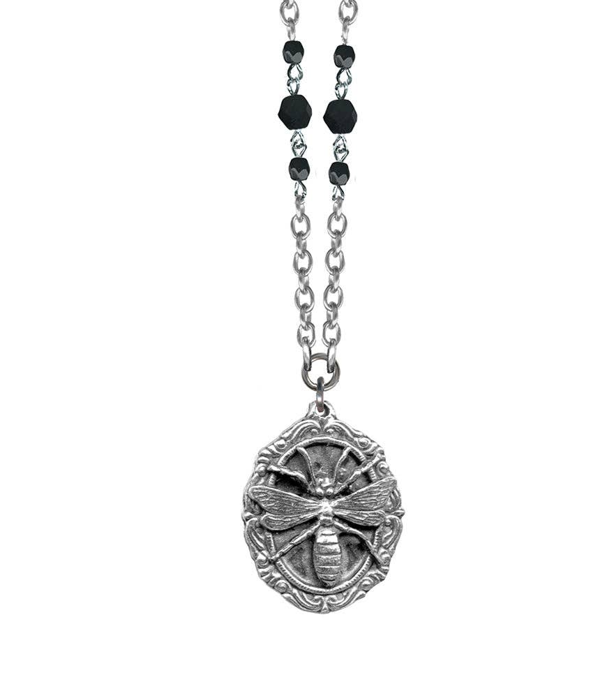 Necklace - Rockware With Beaded Chain - Wasp Plaque Pendant: Green Opal Glass Beads