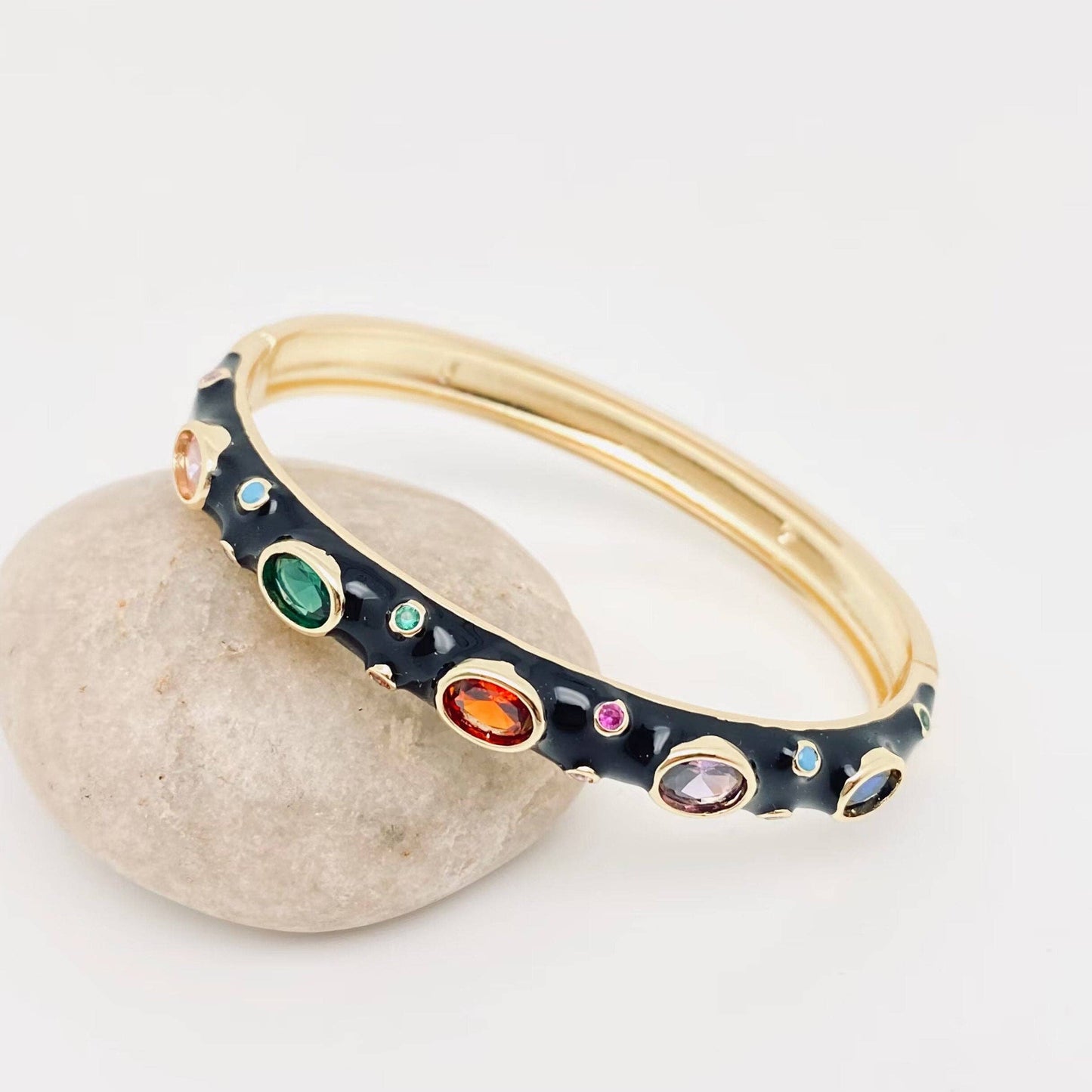 Inlaid Cubic Zirconia Gold Plated 8MM Enamel Bangle: Light Pink