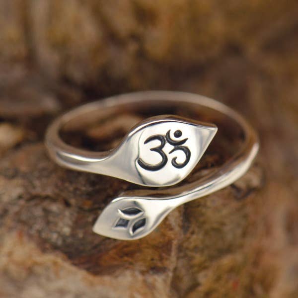 Adjustable Lotus and Om Ring: Recycled Sterling Silver