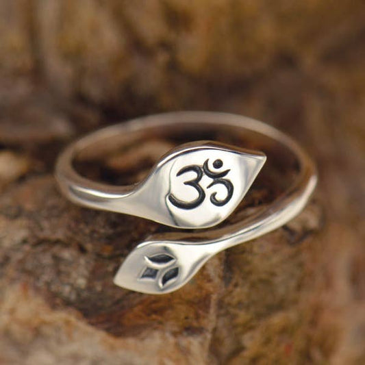 Adjustable Lotus and Om Ring: Recycled Sterling Silver