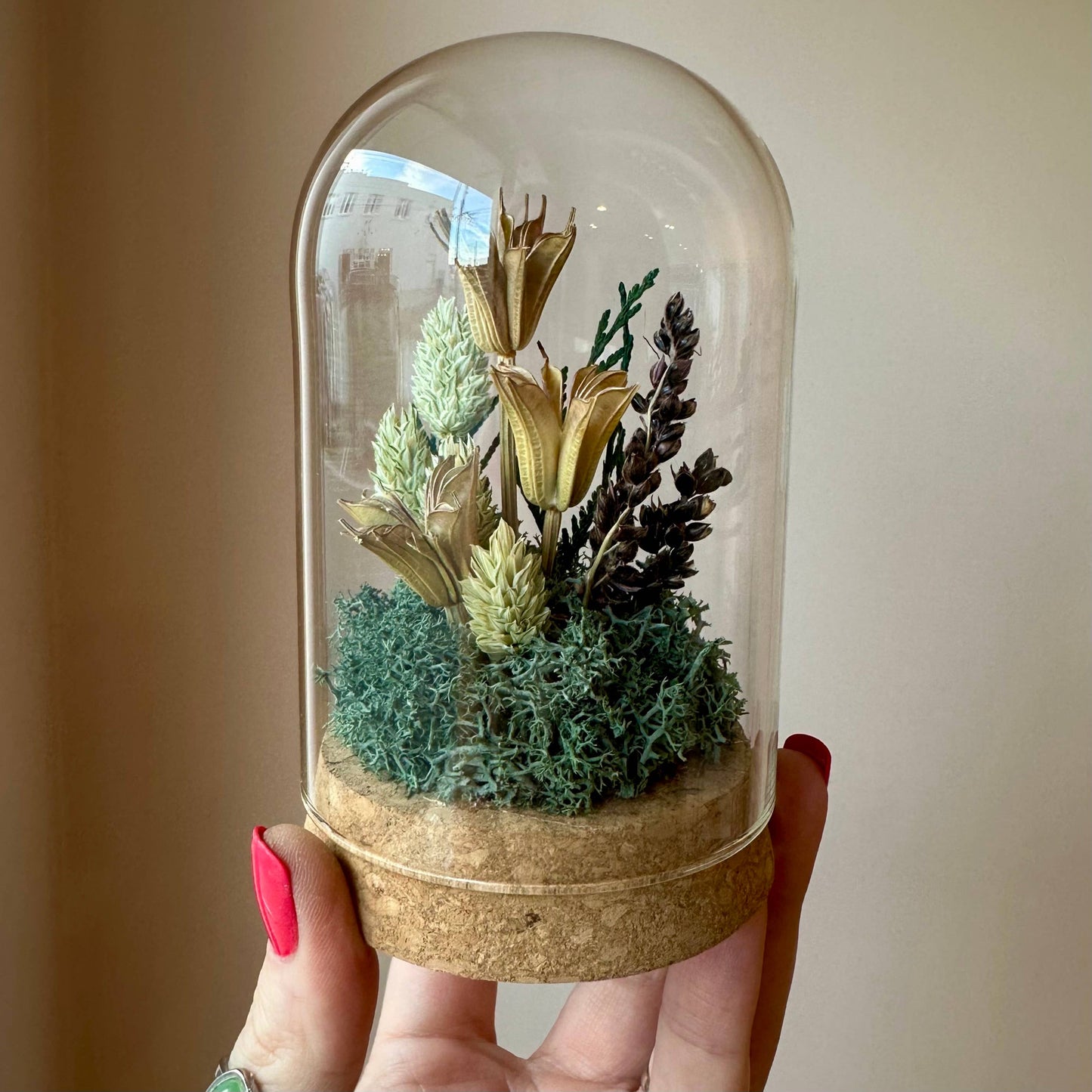 Large Botanical Glass Terrarium Jar w. Green Dried Florals: Short