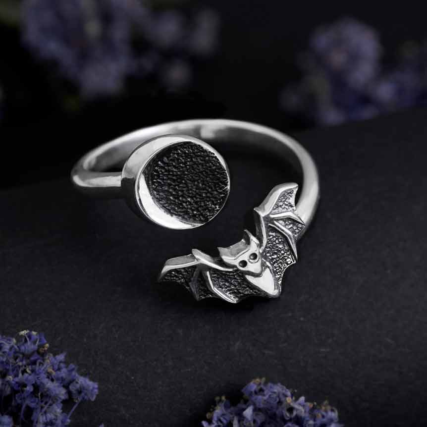 Adjustable Moon And Bat Ring: Sterling Silver