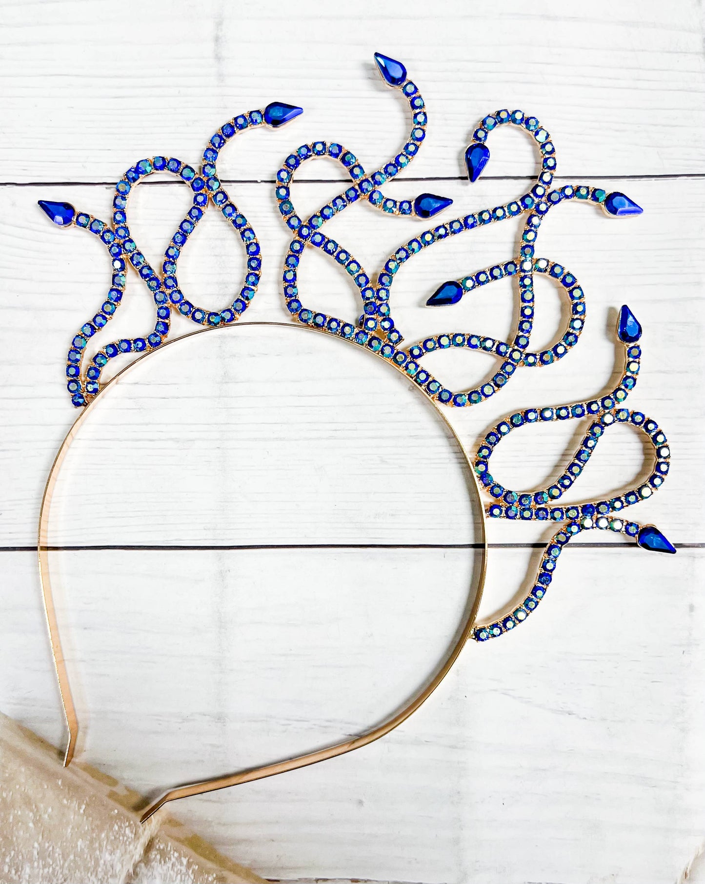 Sapphire Medusa Headband, Blue Crystal Crown, Gold Headband