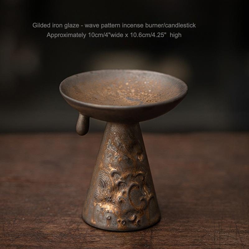 Gilded Iron Glaze - Wave Pattern Incense Burner/Candlestick: Bronze