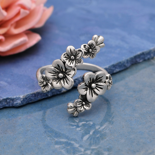 Adjustable Cherry Blossoms Ring: Recycled Sterling Silver