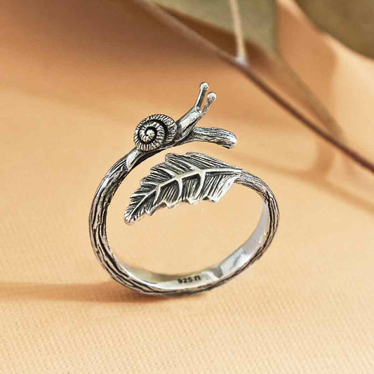 Sterling Silver Adjustable Snail And Leaf Ring