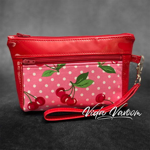 red pink cherries and polka dots wristlet 