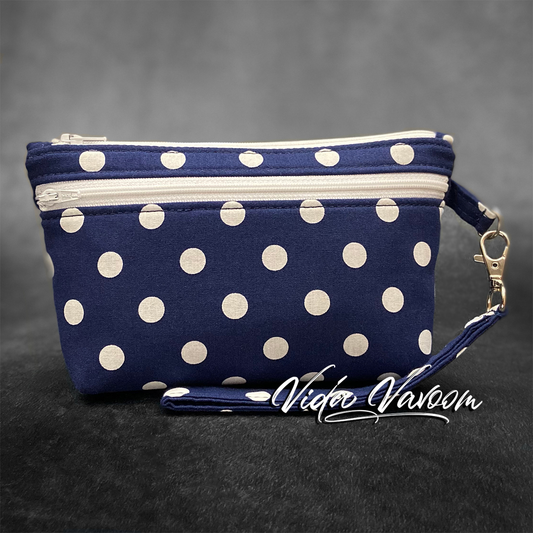 vintage retro navy polka dots wristlet