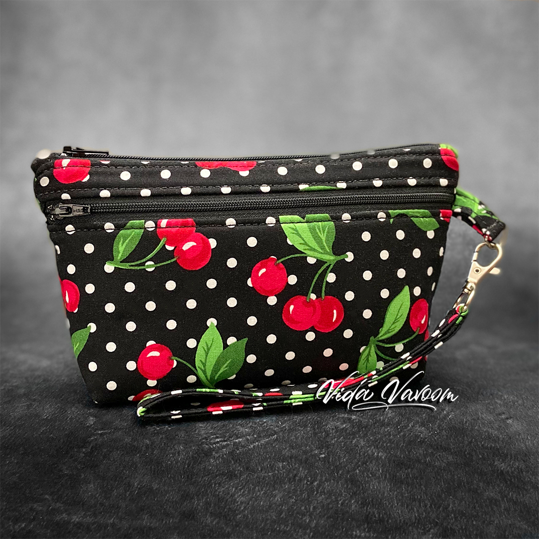 retro rockabilly cherries and polka dots makeup bag